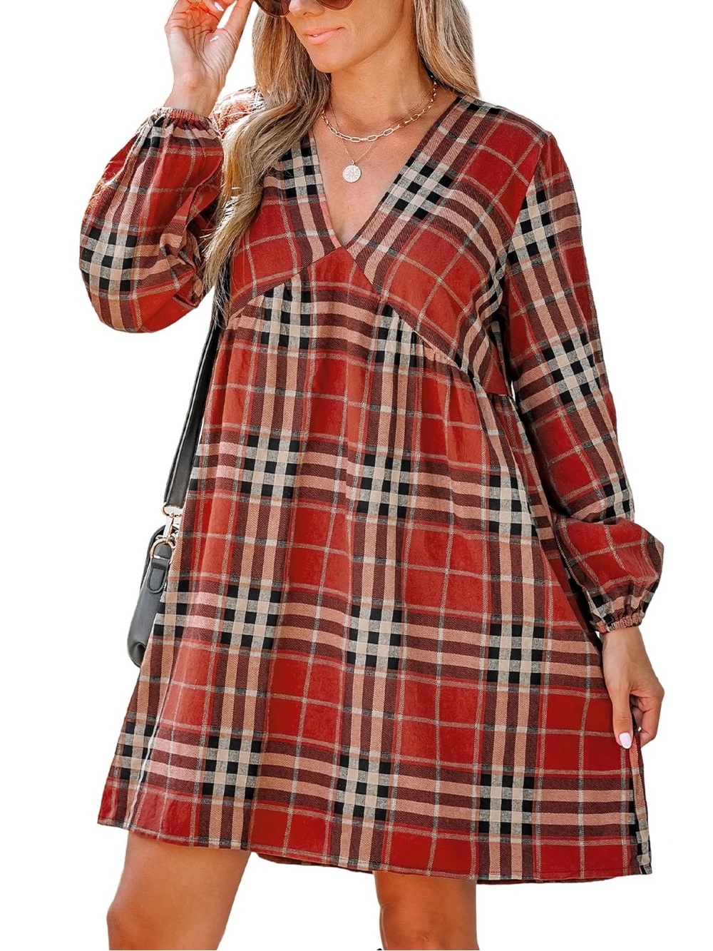 miami Rust Plaid V-Neck Long Sleeve Tunic Dress